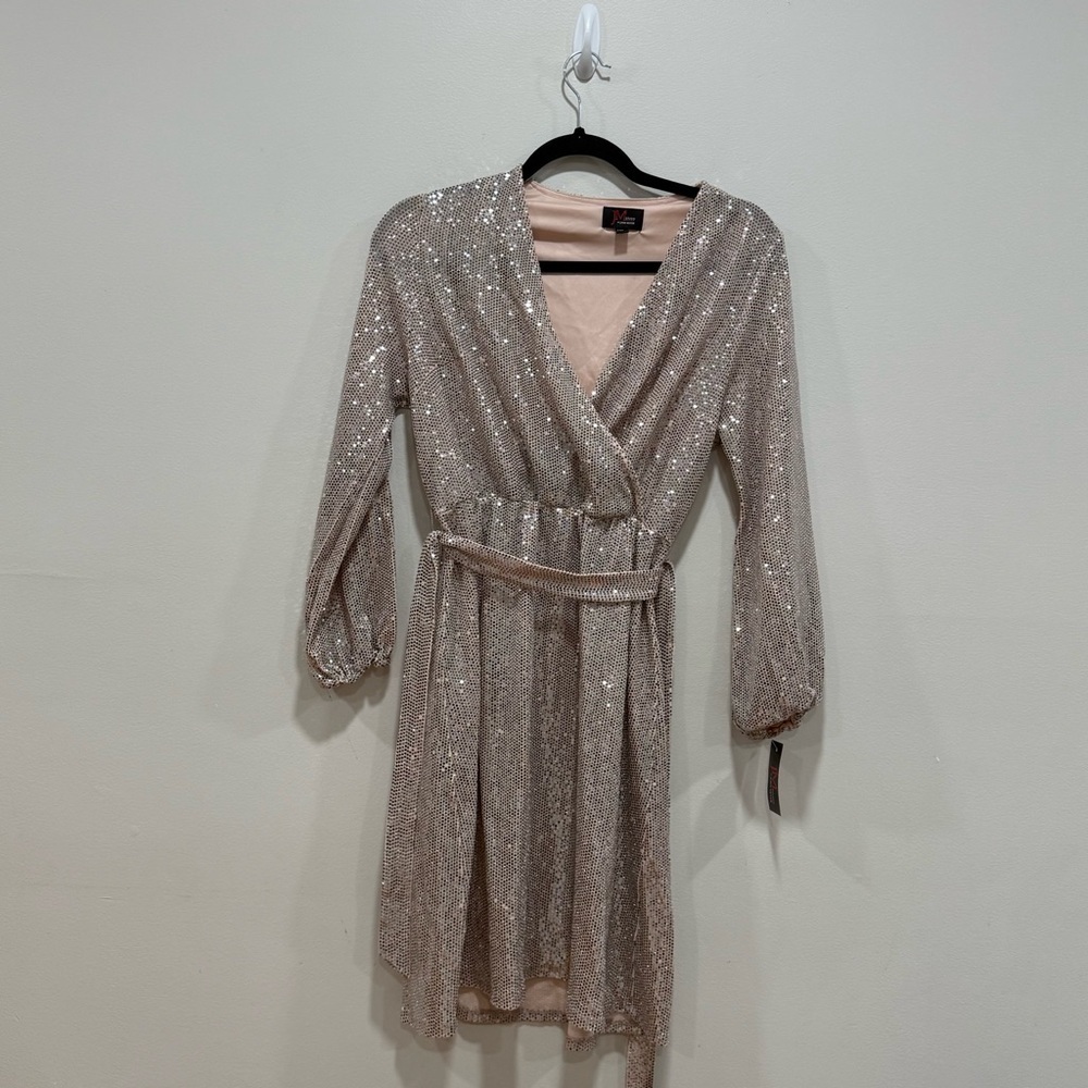 JM studio Rose Gold Sequin Wrap Dress Long Sleeve Tie Waist 10